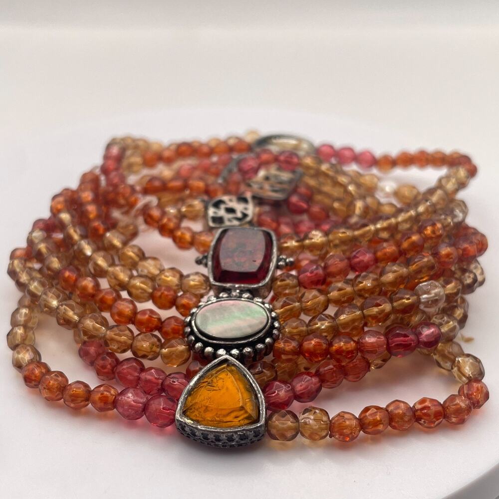 Vintage Multi-Strand Earth Tone Beaded Bracelet Mixed Stone Stacked Slide Cuff